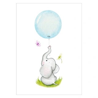 Barnas plakat - sittende elefant med blå ballong