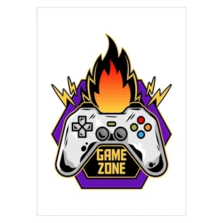 Plakat med teksten game zone med flammer