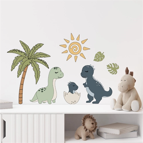 Søte og vakre veggdekor med dinosaurer og et palmetre