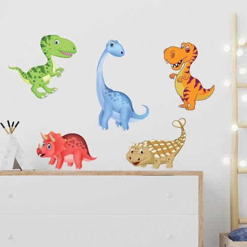 Wallsticker med dinosaurer i blått, rødt, gult og mange andre farger 