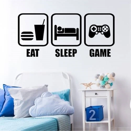 Veggklistremerke med teksten Eat, sleep, game