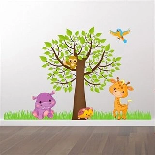 Printet Træ med søde dyr - wallstickers