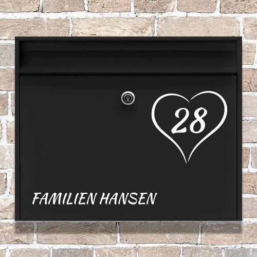 Postkasse klistremerke med hjerte, nummer og navn