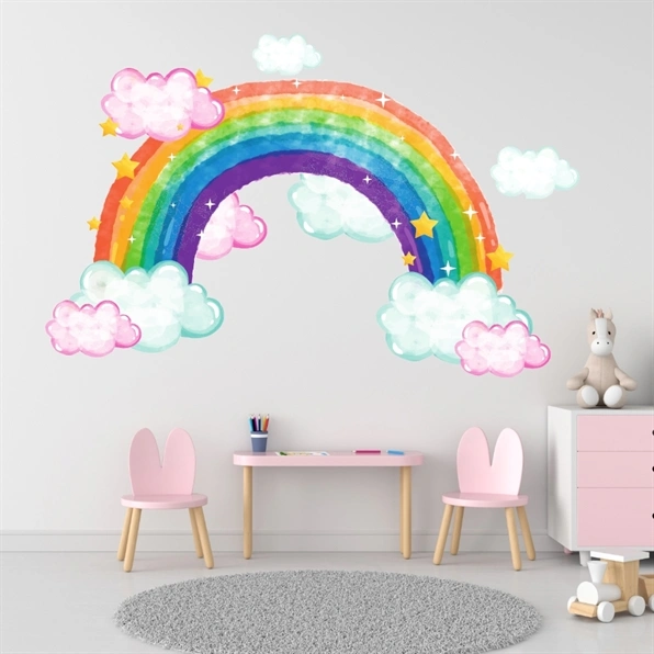 Veggklistremerker regnbue i akvarell med skyer og stjerner