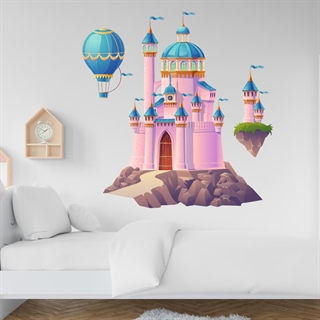 Trykt - Eventyrspor - veggklistremerker. Fantastisk vakkert slott i rosa, turkise og gylne nyanser og en luftballong