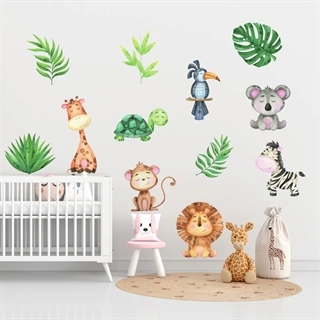 Akvarell jungeldyr, søt ape, sjiraff, løve, koala, sebra og fugl