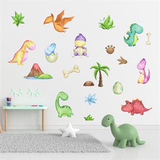 akvarell vegg klistremerker med søt dinosaur og egg og bein