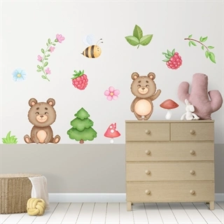 Akvarell stickers med søte bjørner i skogen
