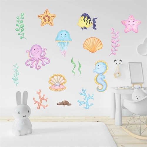 akvarell veggklistremerker med sjødyr, planter og blåskjell