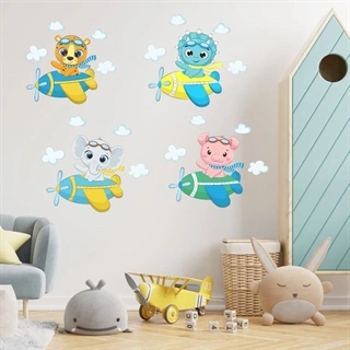 Tiger, dino, elefant og gris i fly - Wallsticker