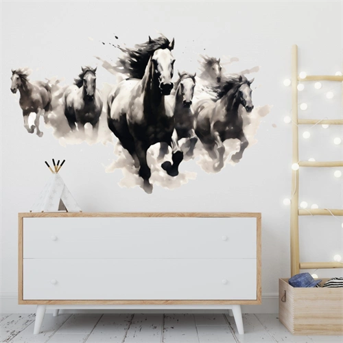 Akvarell veggklistremerke med en flokk ville hester