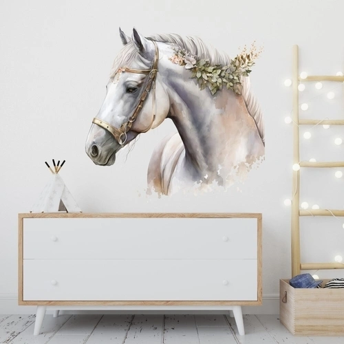 Akvarell veggklistremerke med en hvit hest og blomster