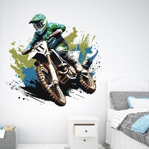 Wallsticker motocross maskin i nyanser av blått og grønt