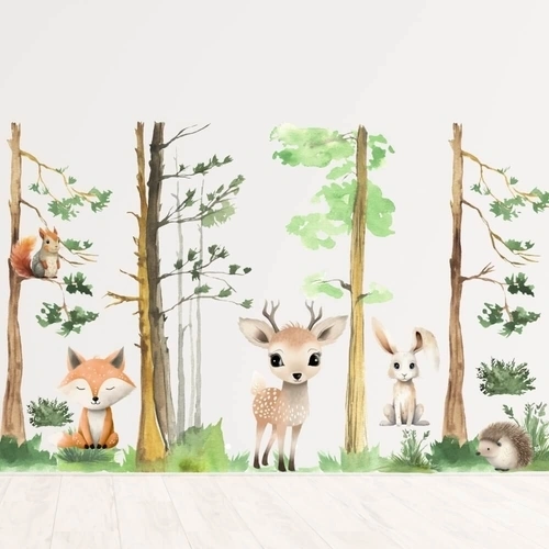 Utrolig vakker skog med dyr i akvareller veggdekor