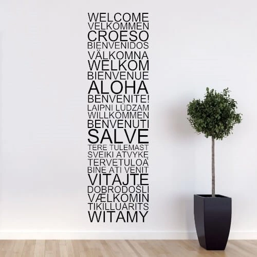 Ønsk velkommen med en wallsticker på mange forskjellige språk